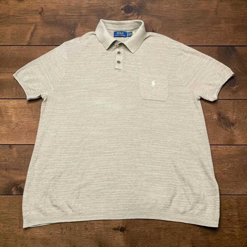 Polo Ralph Lauren Men XL Tan Cotton Linen Knit Sweater Pocket Polo Shirt